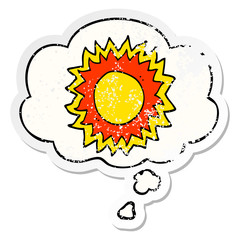 cartoon sun and thought bubble as a distressed worn sticker