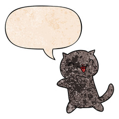 cartoon cat and speech bubble in retro texture style