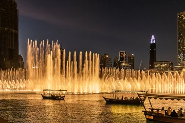 Beautiful Modern Dancing Fountains at Burj Khalifa, The Dubai Mall and wonderful evening show, Dubai, United Arab Emirates