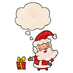 cartoon santa claus and thought bubble in grunge texture pattern style