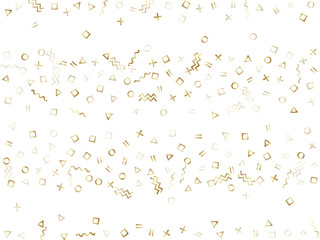 Memphis style geometric confetti vector background of triangle circle square shapes, chevron wavy lines.