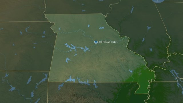 Missouri - state of the United States zoomed on the physical map of the globe. Animation 3D