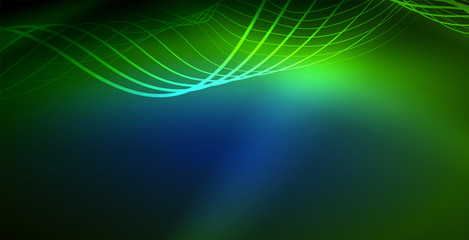 Glowing abstract wave on dark, shiny motion, magic space light. Techno abstract background