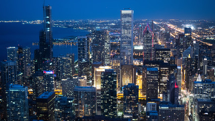 Fototapeta na wymiar Skyscrapers of Chicago by night - aerial view - travel photography
