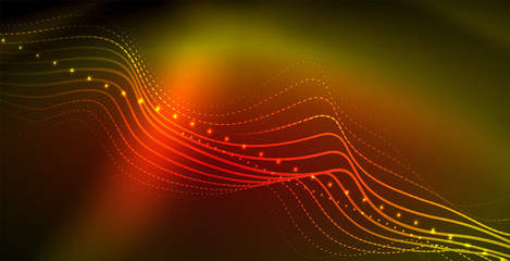 Glowing abstract wave on dark, shiny motion, magic space light. Techno abstract background