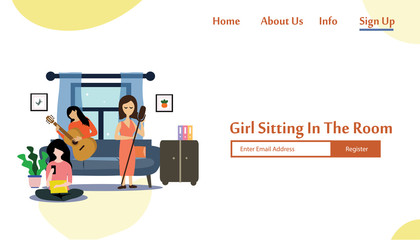 girl sitting in the room on the sofa playing Music. Vector flat illustration.landing page template, cartoon style