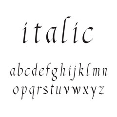 Elegant italic font vector illustration. Set of unique decorative black lowercase alphabet letters on white background. Latin alphabet in design symbols