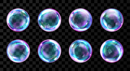 Soap bubbles, realistic transparent air spheres of rainbow colors with reflections and highlights isolated on checkered background, set of vector illustrations