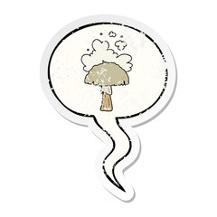 cartoon mushroom and spore cloud and speech bubble distressed sticker