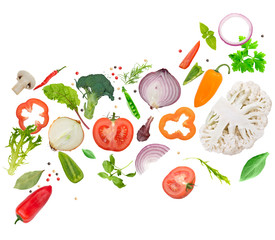 fresh vegetables, herbs and spices  on white background