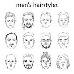 Hand-drawn sketching set of black-and-white males portraits  of different races with different hairstyles