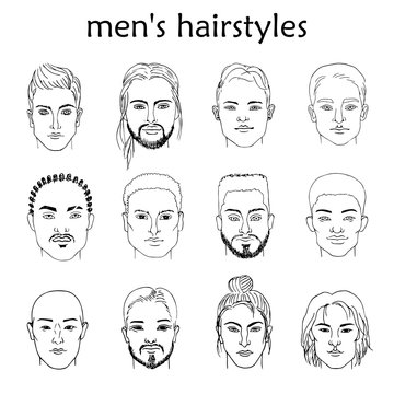Hand-drawn sketching set of black-and-white males portraits  of different races with different hairstyles