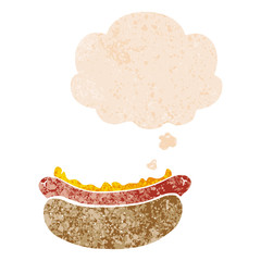 cartoon hotdog and thought bubble in retro textured style