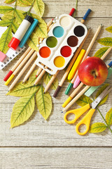 Fototapeta na wymiar Back to school. Flatlay background. Table with autumn leaves, apple and school supplies. Top view flat lay. Free space for your text.