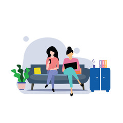 A girl sitting on the sofa works on the laptop. Vector flat illustration.template, cartoon style