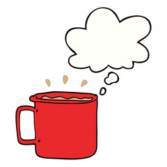 cartoon camping cup of coffee and thought bubble