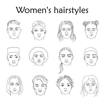 Hand drawn sketching set of vector black-and-white females portraits  of different races with different hairstyles.