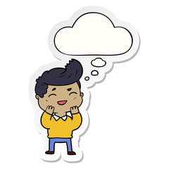 cartoon man laughing and thought bubble as a printed sticker