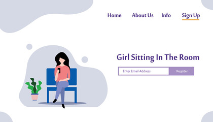 A girl sitting in the room on the sofa playing with gadget. Vector flat illustration.landing page template, cartoon style