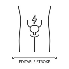 Ill urinary bladder linear icon. Sore human organ. Cystitis. Unhealthy urinary system. Aching urinary tract. Thin line illustration. Contour symbol. Vector isolated outline drawing. Editable stroke