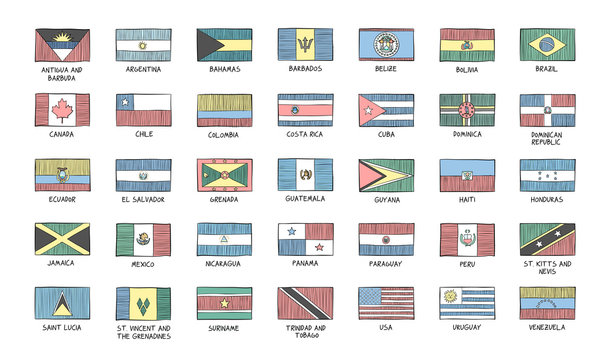 Flags of the American continent. Set of all 35 countries of America. Colorful Sketch style.
