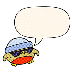 cool christmas robin cartoon and sunglasses and speech bubble in comic book style