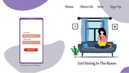 A girl sitting in the room on the sofa playing with gadget. Vector flat illustration.landing page template, cartoon style