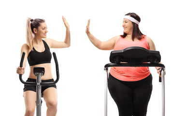 Fototapeta na wymiar A slim woman and an overweight woman exercising and high-fiving each other