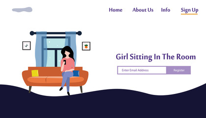 A girl sitting on the sofa playing with smartphone. Vector flat illustration.landing page template, cartoon style