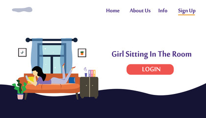 A girl sitting on the sofa playing with smartphone. Vector flat illustration.landing page template, cartoon style
