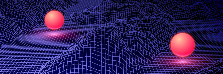 Landscape with wireframe grid of 80s styled retro computer game