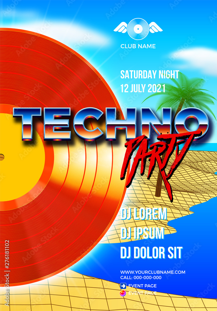 Poster beach party poster for clubbing dance event with 80s retro or synth wave style and palm trees