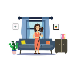 girl sitting in the room on the sofa playing Music. Vector flat illustration.template, cartoon style