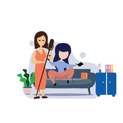 girl sitting in the room on the sofa playing Music. Vector flat illustration.template, cartoon style