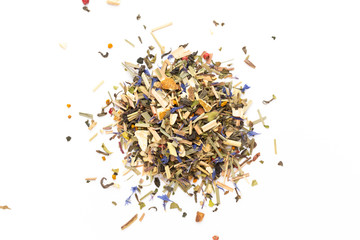 Herbal tea on a white background. Top view.