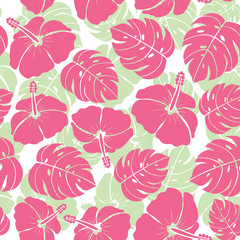 Seamless pattern tropical leaves hibiscus flowers, Hawaiian exotic background