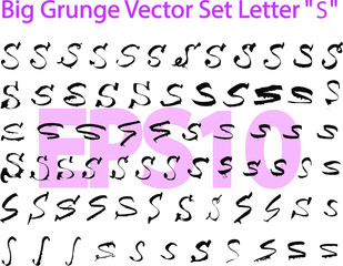 Big Grunge Vector Set Letter "S". Different styles of writing large and small letters "S". Hand drawn letters with black ink. Big set only "S". EPS10