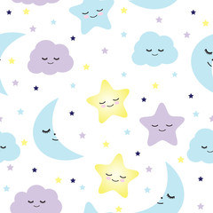 Seamless pattern sleeping stars, moons and clouds vector illustration