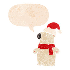 cute cartoon christmas bear and speech bubble in retro textured style