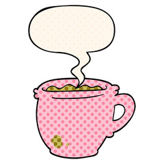 cartoon hot cup of coffee and speech bubble in comic book style