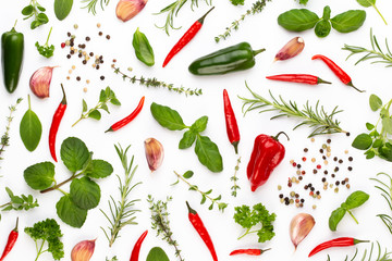 Spice herbal leaves and chili pepper on white background. Vegetables pattern. Floral and vegetables on white background. Top view, flat lay.