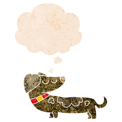 cartoon dog and thought bubble in retro textured style