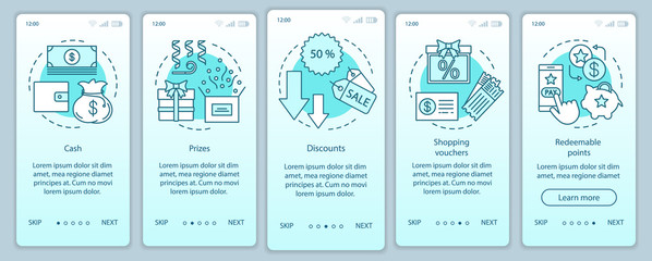 Referral rewards onboarding mobile app page screen with linear concepts. Walkthrough steps graphic instructions. Cash, prizes, discounts. UX, UI, GUI vector template with illustrations