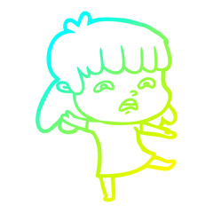 cold gradient line drawing cartoon worried woman