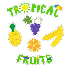 Tropical fruits and funny inscriptions. Set of bright fruit stickers. Vector isolated illustration on white background.