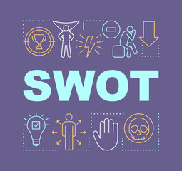 SWOT purple word concepts banner. Strength, weakness, opportunity, threat. Presentation, website. Starting project. Isolated lettering typography idea with linear icons. Vector outline illustration