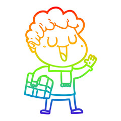 rainbow gradient line drawing laughing cartoon man with present