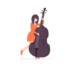 Woman double bass, contrabassist player playing a jazz, blues music. Beautiful girl holding a contrabass. Flat vector illustration.