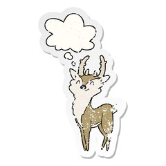 cartoon happy stag and thought bubble as a distressed worn sticker