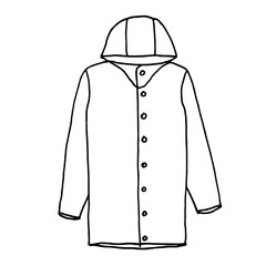 Raincoat. Monochrome sketch, hand drawing. Black outline on white background. Vector illustration